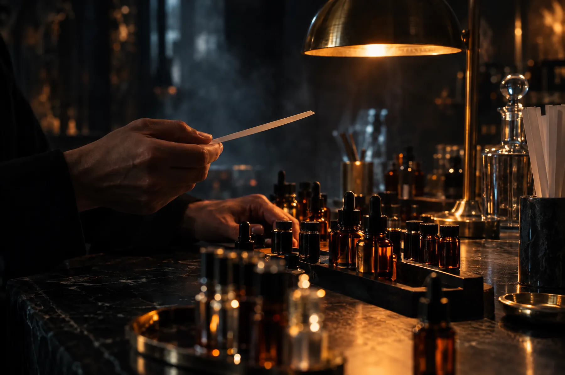 Manos de un perfumista sosteniendo una tira de prueba sobre frascos ámbar