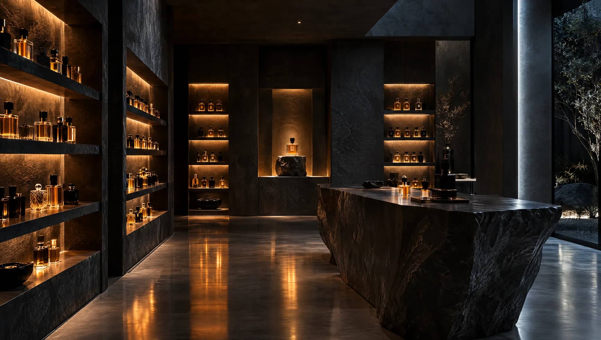 Interior de la boutique con estantes de piedra y frascos iluminados