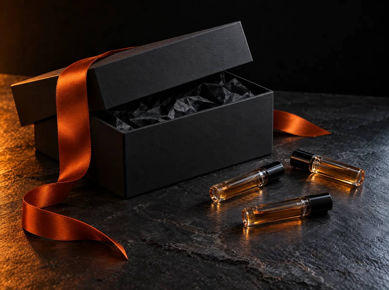 Caja de regalo negra con lazo naranja y tres muestras de perfume
